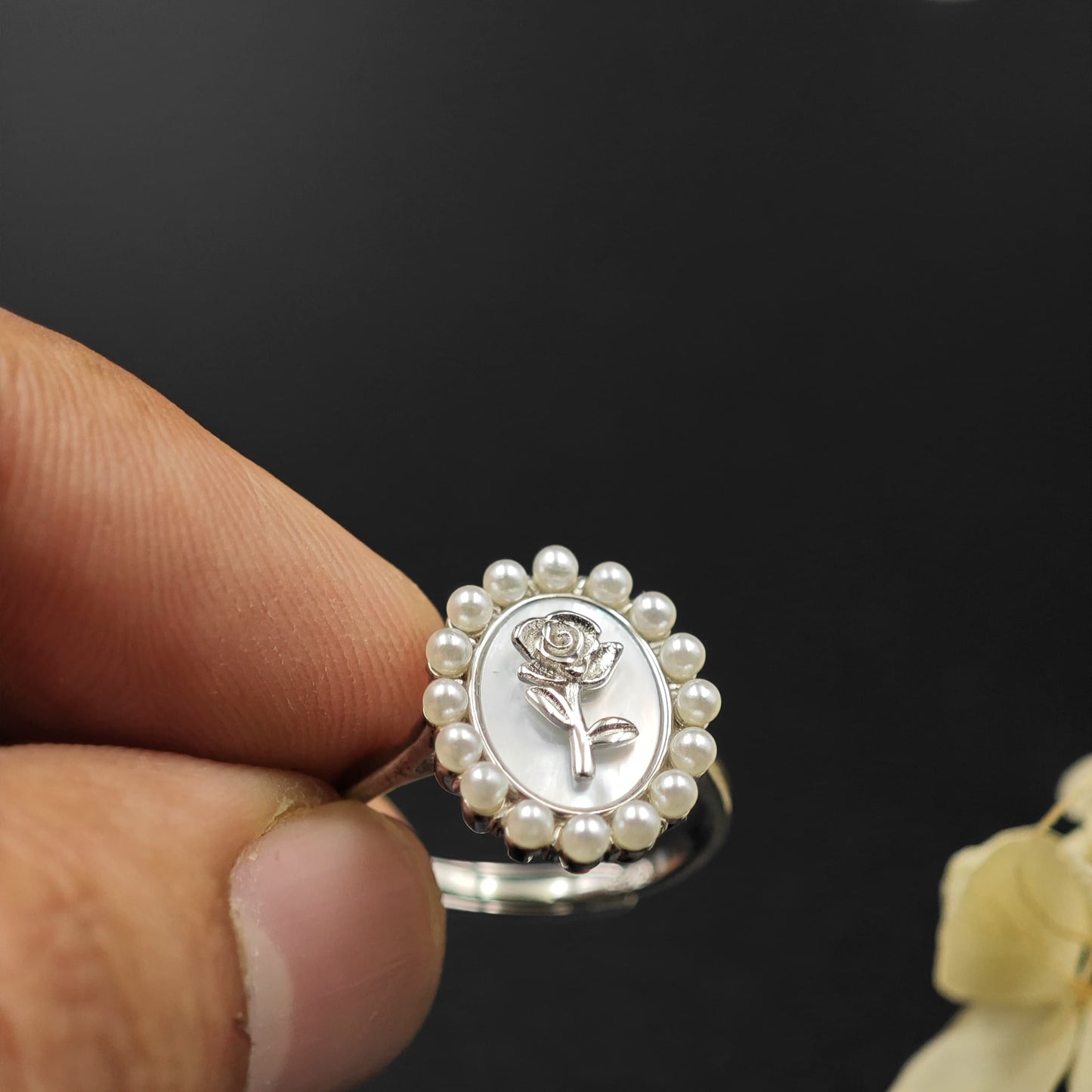 3D Silver Flower Ring with Pearl Border | Elegant 925 Sterling Silver Ring