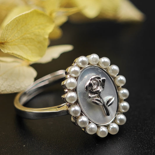 3D Silver Flower Ring with Pearl Border | Elegant 925 Sterling Silver Ring