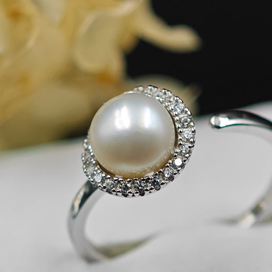 925 Sterling Silver Dome Pearl Ring with Diamond Border