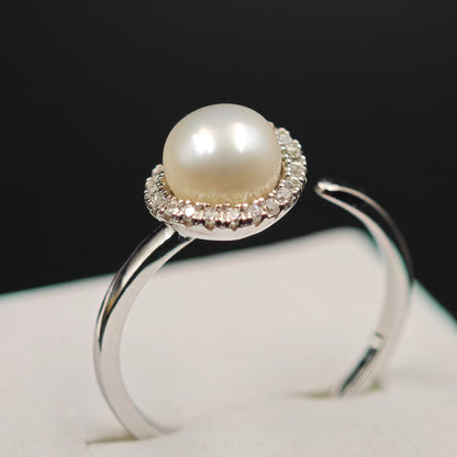925 Sterling Silver Dome Pearl Ring with Diamond Border