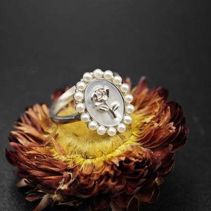 3D Silver Flower Ring with Pearl Border | Elegant 925 Sterling Silver Ring